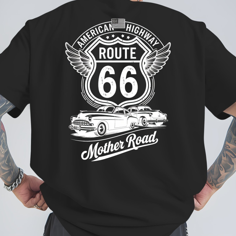 Ανδρική γραφική μπλούζα Route 66 – σχέδιο με vintage αυτοκίνητο και φτερό, αναπνεύουσα υφή, χαλαρή εφαρμογή