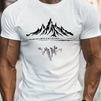 Αντρικό καλοκαιρινό βαμβακερό T‑shirt με στρογγυλή λαιμόκοψη, κοντά μανίκια, άνετη εφαρμογή, εκτύπωση με μοτίβο βουνών και καρτούν