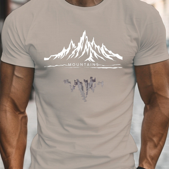 Αντρικό καλοκαιρινό βαμβακερό T‑shirt με στρογγυλή λαιμόκοψη, κοντά μανίκια, άνετη εφαρμογή, εκτύπωση με μοτίβο βουνών και καρτούν