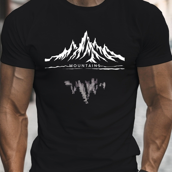 Αντρικό καλοκαιρινό βαμβακερό T‑shirt με στρογγυλή λαιμόκοψη, κοντά μανίκια, άνετη εφαρμογή, εκτύπωση με μοτίβο βουνών και καρτούν