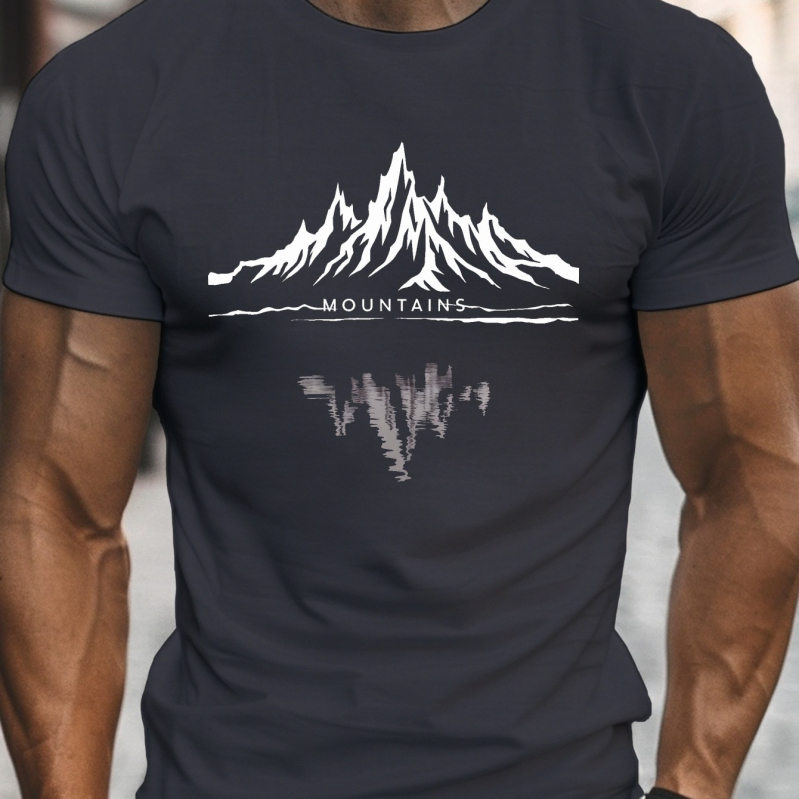 Αντρικό καλοκαιρινό βαμβακερό T‑shirt με στρογγυλή λαιμόκοψη, κοντά μανίκια, άνετη εφαρμογή, εκτύπωση με μοτίβο βουνών και καρτούν