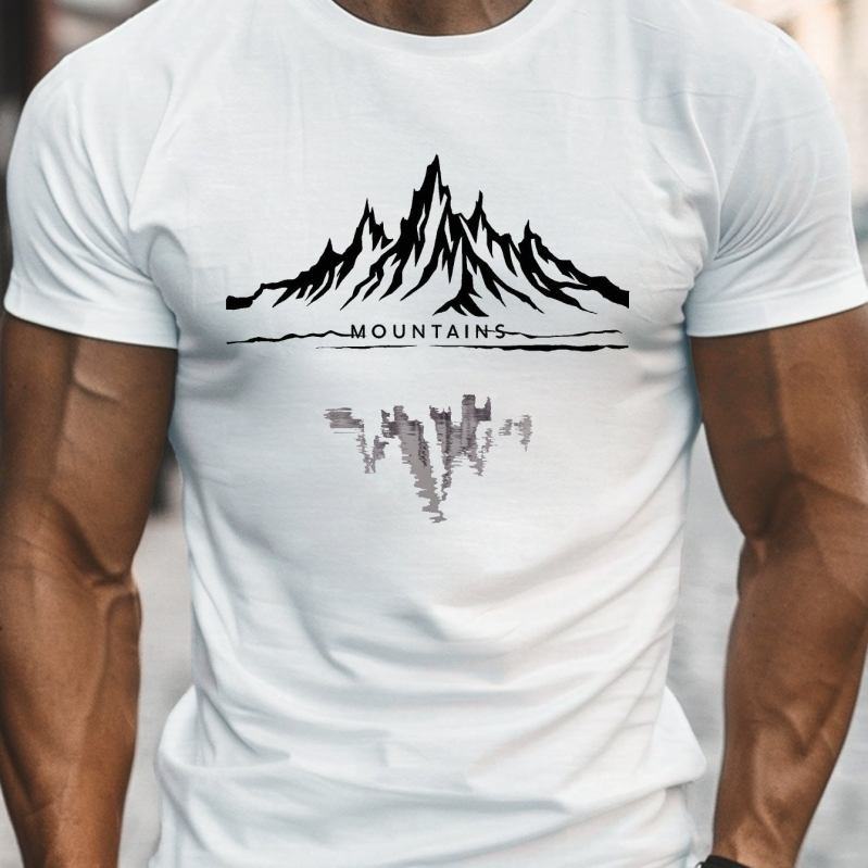 Αντρικό καλοκαιρινό βαμβακερό T‑shirt με στρογγυλή λαιμόκοψη, κοντά μανίκια, άνετη εφαρμογή, εκτύπωση με μοτίβο βουνών και καρτούν