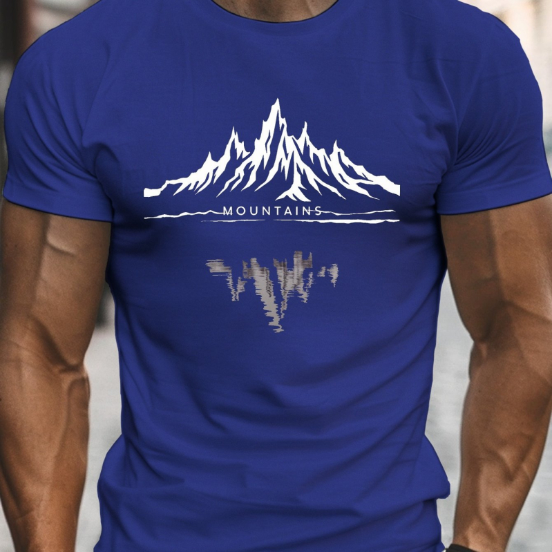 Αντρικό καλοκαιρινό βαμβακερό T‑shirt με στρογγυλή λαιμόκοψη, κοντά μανίκια, άνετη εφαρμογή, εκτύπωση με μοτίβο βουνών και καρτούν