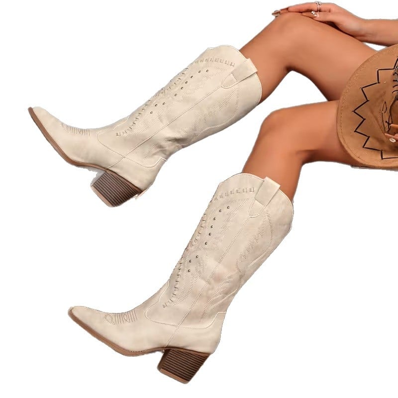 Cizme de cowboy pentru femei până la genunchi, căptușeală din shearling, vârf ascuțit, toc gros, fermoar lateral, PU partea superioară