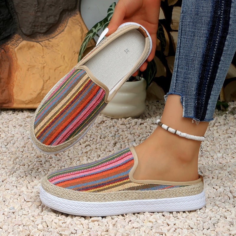 Szalmás talpú halászcipő, légáteresztő slip-on, szivárvány csíkokkal