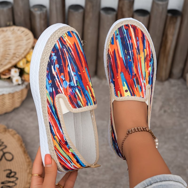 Szalmás talpú halászcipő, légáteresztő slip-on, szivárvány csíkokkal