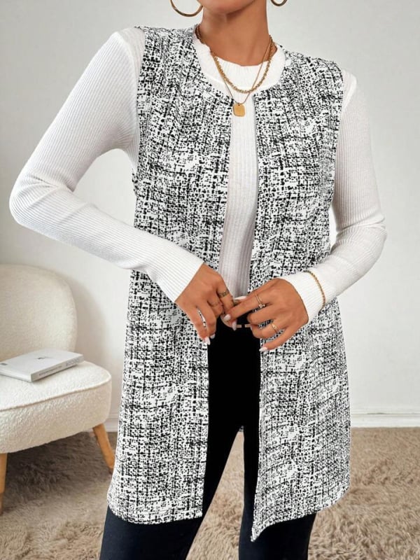 Cardigan fără mâneci, în carouri, stil capă, toamnă-iarnă