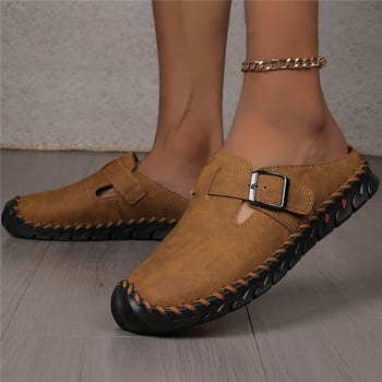 Női lapos papucs szintetikus bőrből készült felsőrésszel, kerek orrú, slip-on, könnyű és vízálló