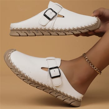 Női lapos papucs szintetikus bőrből készült felsőrésszel, kerek orrú, slip-on, könnyű és vízálló