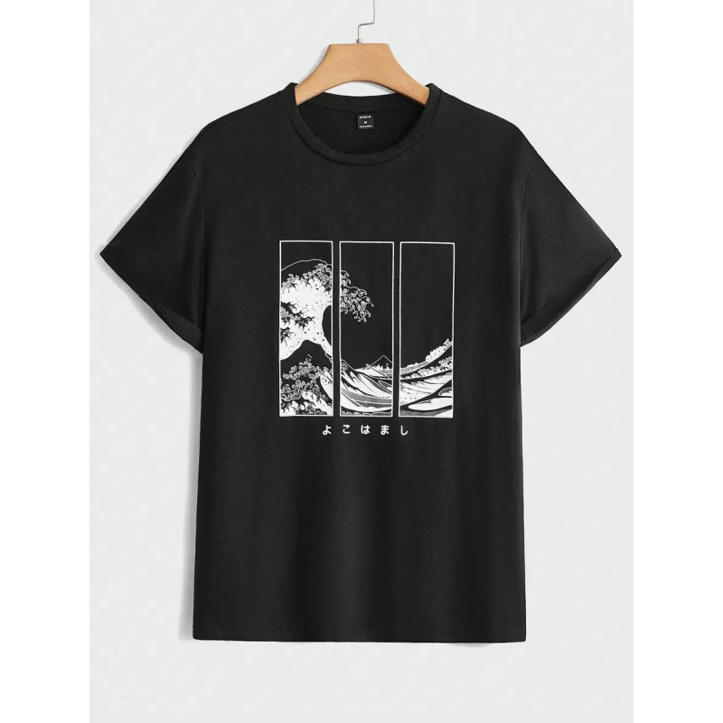 Manfinity Brenvor Ανδρική ρετρό T-shirt με αμερικανικό στυλ, βαμβάκι, κοντό μανίκι, στρογγυλός λαιμός, φαρδιά γραμμή, εκτύπωση με κουκκίδες