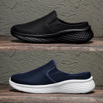 Nyári férfi slip-on loaferek, fekete, nagy méret, Fly-Knit hálós felsővel és széles orral, lélegző