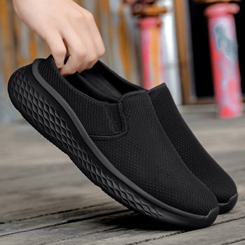 Nyári férfi slip-on loaferek, fekete, nagy méret, Fly-Knit hálós felsővel és széles orral, lélegző