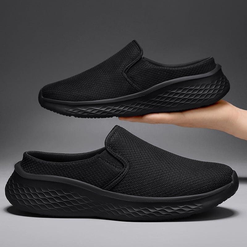 Nyári férfi slip-on loaferek, fekete, nagy méret, Fly-Knit hálós felsővel és széles orral, lélegző