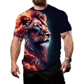 Férfi rövid ujjú T-shirt kerek nyakkal, 3D-s oroszlán mintával, Leó sorozat, poliészter