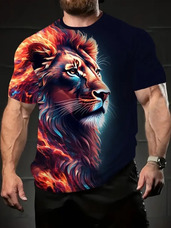 Férfi rövid ujjú T-shirt kerek nyakkal, 3D-s oroszlán mintával, Leó sorozat, poliészter