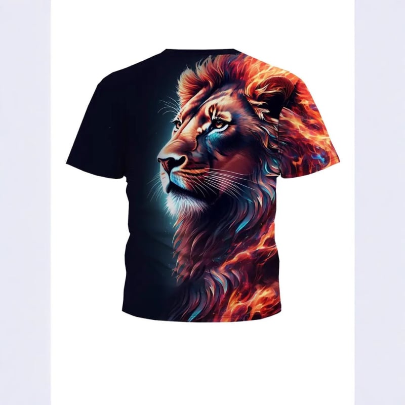 Férfi rövid ujjú T-shirt kerek nyakkal, 3D-s oroszlán mintával, Leó sorozat, poliészter