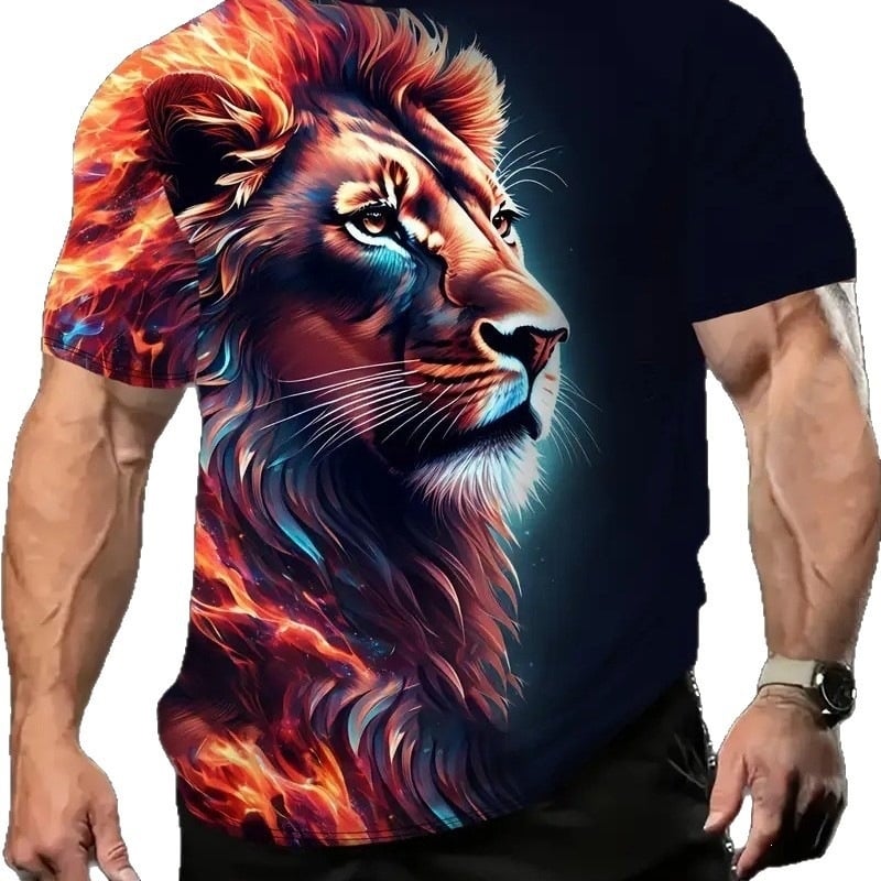 Férfi rövid ujjú T-shirt kerek nyakkal, 3D-s oroszlán mintával, Leó sorozat, poliészter