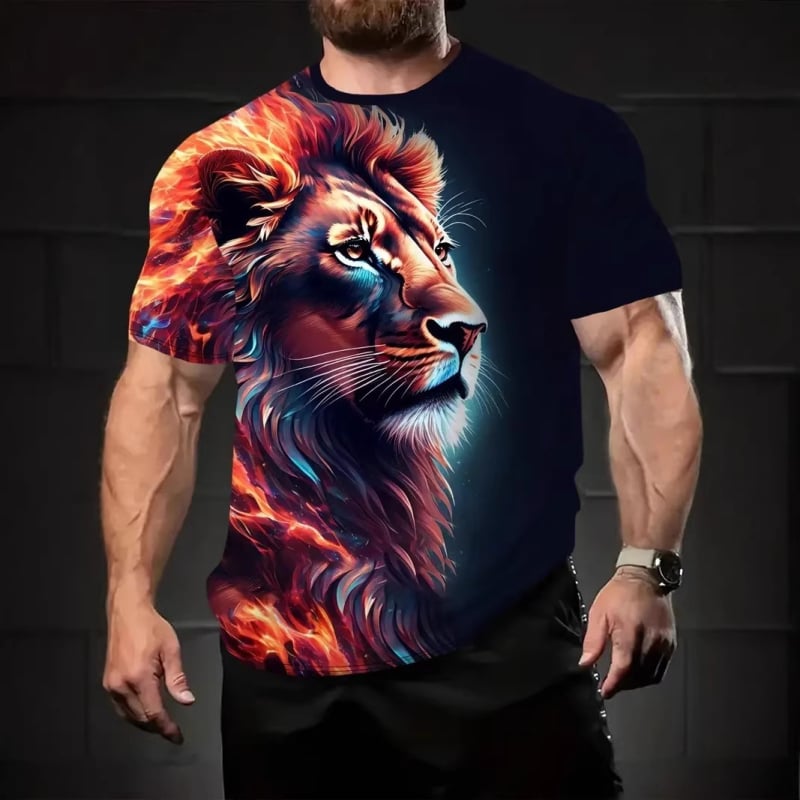 Férfi rövid ujjú T-shirt kerek nyakkal, 3D-s oroszlán mintával, Leó sorozat, poliészter