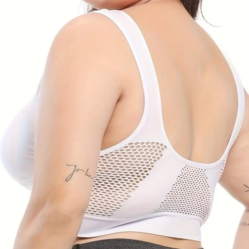Plus-size bezdrôtová športová podprsenka jednofarebná, perforovaný dizajn, priedušná, bezšvová, push-up, zdvih a kontrola bočných