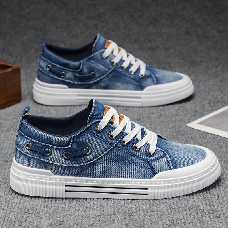 Férfi denim és vászon sneaker, alacsony profil, puha talp, mindennapi viselet