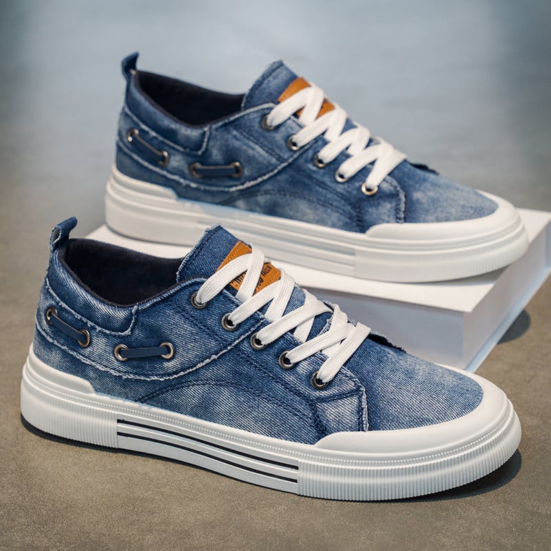 Férfi denim és vászon sneaker, alacsony profil, puha talp, mindennapi viselet
