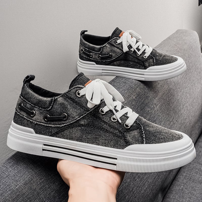 Férfi denim és vászon sneaker, alacsony profil, puha talp, mindennapi viselet