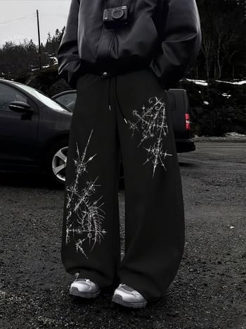 Pantaloni cu imprimeu abstract cu țepi, stil West Coast, talie cu șnur, croială largă