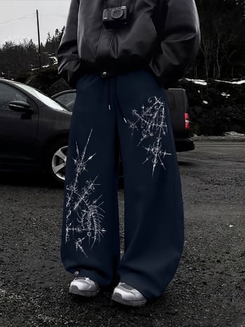 Pantaloni cu imprimeu abstract cu țepi, stil West Coast, talie cu șnur, croială largă