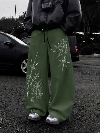 Pantaloni cu imprimeu abstract cu țepi, stil West Coast, talie cu șnur, croială largă