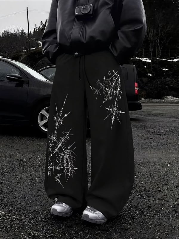 Pantaloni cu imprimeu abstract cu țepi, stil West Coast, talie cu șnur, croială largă