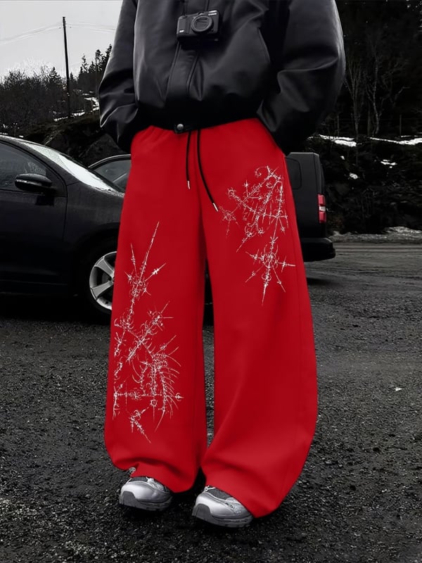 Pantaloni cu imprimeu abstract cu țepi, stil West Coast, talie cu șnur, croială largă