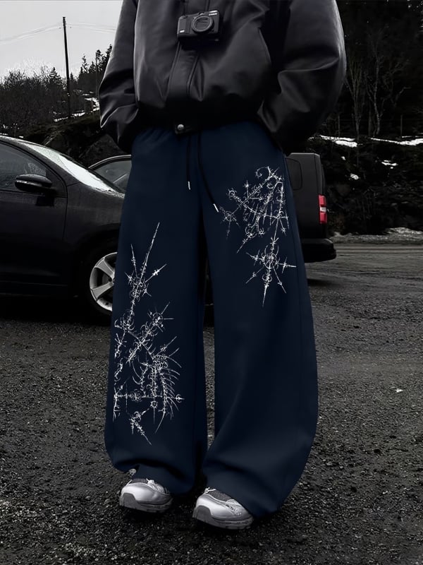 Pantaloni cu imprimeu abstract cu țepi, stil West Coast, talie cu șnur, croială largă