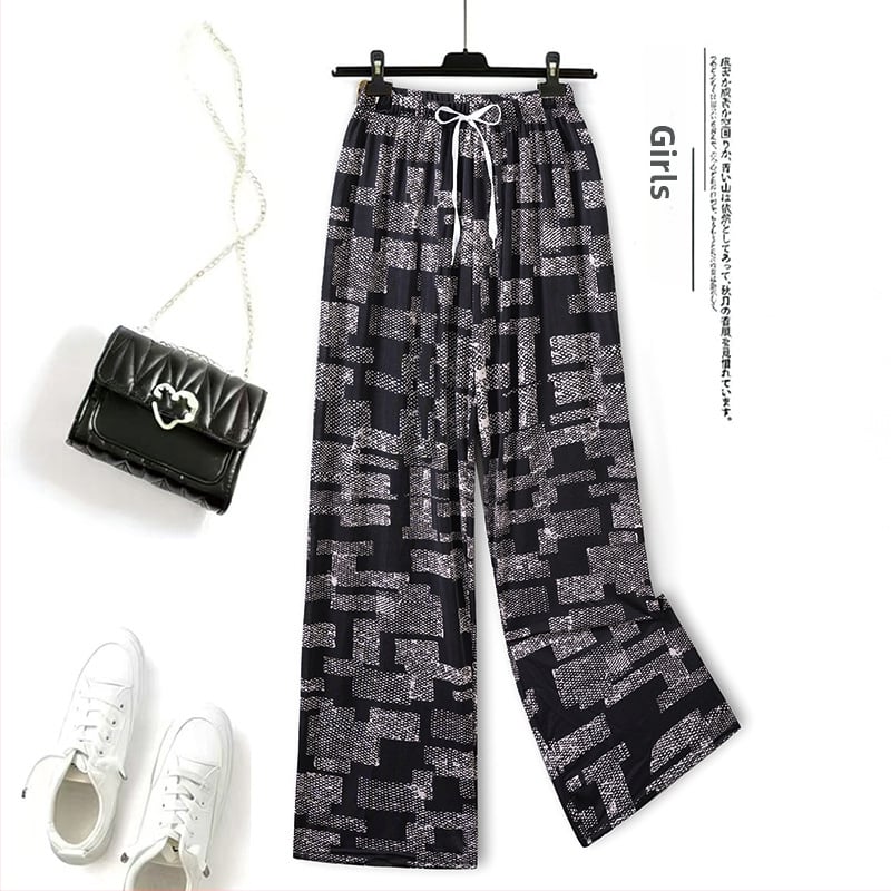 Pantaloni din Ice Silk pentru femei, cu imprimeu floral, casual pentru casă, protecție împotriva țânțarilor, talie înaltă, croială dreaptă
