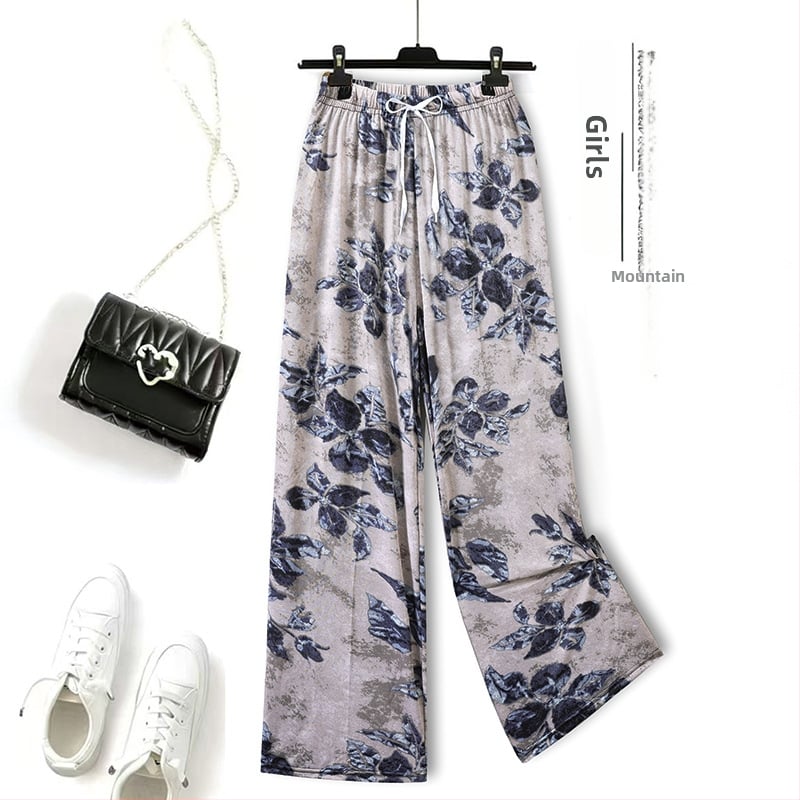 Pantaloni din Ice Silk pentru femei, cu imprimeu floral, casual pentru casă, protecție împotriva țânțarilor, talie înaltă, croială dreaptă