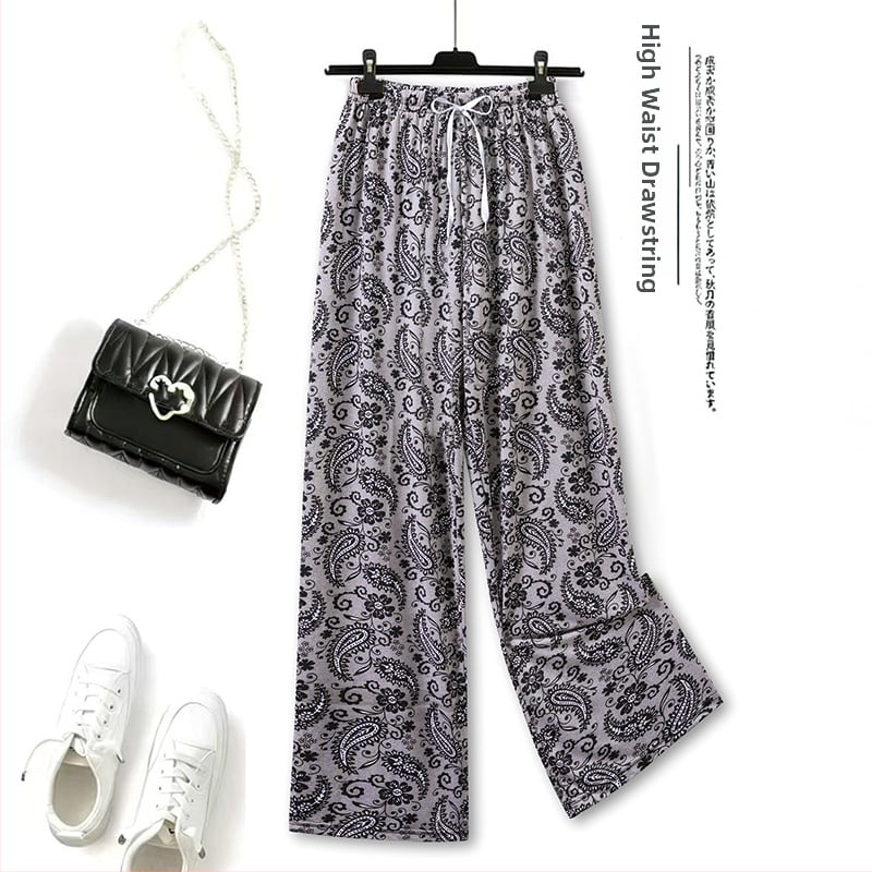 Pantaloni din Ice Silk pentru femei, cu imprimeu floral, casual pentru casă, protecție împotriva țânțarilor, talie înaltă, croială dreaptă
