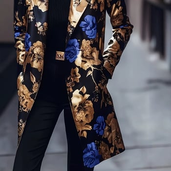 Fényűző jacquard trench kabát fekete-arany alappal és kék virágos mintával, retro és modern stílus, középhosszú, könnyen viselhető