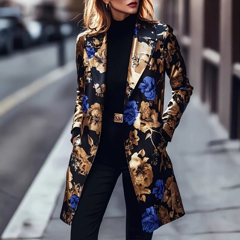Fényűző jacquard trench kabát fekete-arany alappal és kék virágos mintával, retro és modern stílus, középhosszú, könnyen viselhető