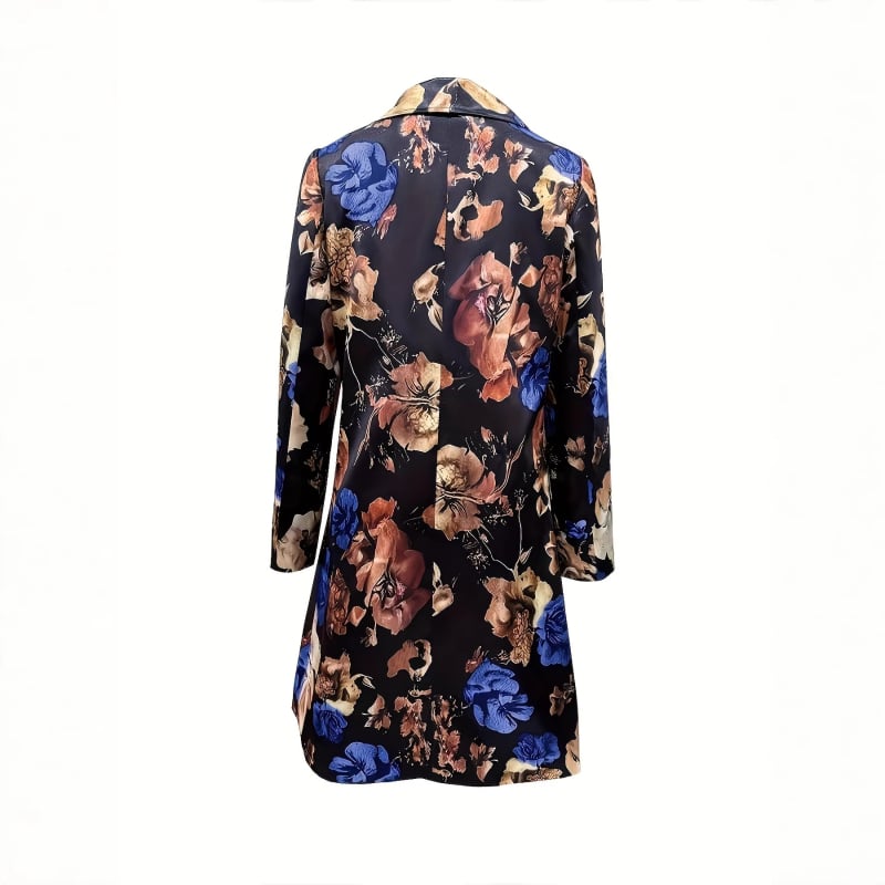 Fényűző jacquard trench kabát fekete-arany alappal és kék virágos mintával, retro és modern stílus, középhosszú, könnyen viselhető