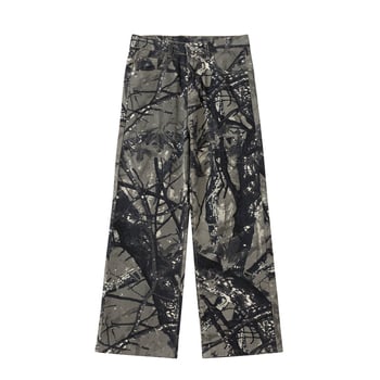 Amerikai retro farmernadrág, széles, egyenes szabású, distressed ágakkal mintázott terepminta, laza viselet, uniszex, városi streetwear