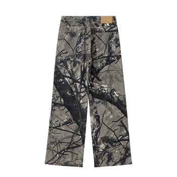 Amerikai retro farmernadrág, széles, egyenes szabású, distressed ágakkal mintázott terepminta, laza viselet, uniszex, városi streetwear