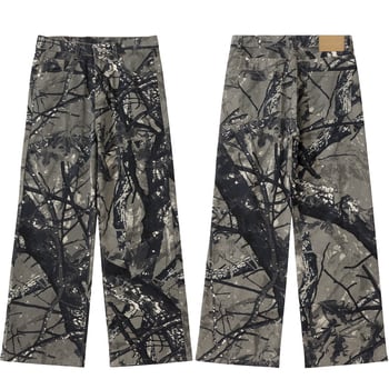 Amerikai retro farmernadrág, széles, egyenes szabású, distressed ágakkal mintázott terepminta, laza viselet, uniszex, városi streetwear