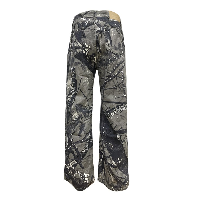 Amerikai retro farmernadrág, széles, egyenes szabású, distressed ágakkal mintázott terepminta, laza viselet, uniszex, városi streetwear