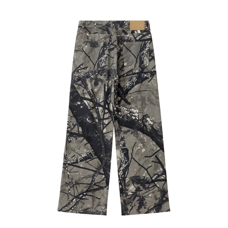 Amerikai retro farmernadrág, széles, egyenes szabású, distressed ágakkal mintázott terepminta, laza viselet, uniszex, városi streetwear