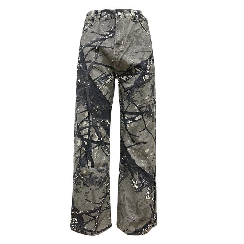 Amerikai retro farmernadrág, széles, egyenes szabású, distressed ágakkal mintázott terepminta, laza viselet, uniszex, városi streetwear
