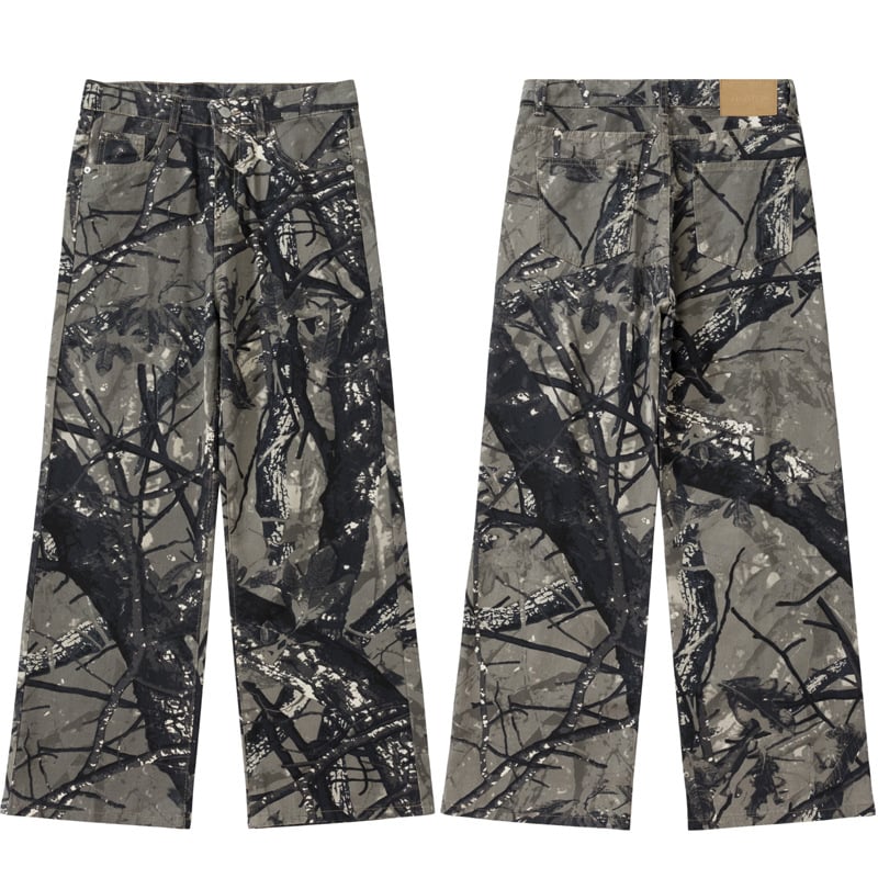 Amerikai retro farmernadrág, széles, egyenes szabású, distressed ágakkal mintázott terepminta, laza viselet, uniszex, városi streetwear
