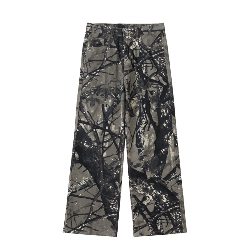 Amerikai retro farmernadrág, széles, egyenes szabású, distressed ágakkal mintázott terepminta, laza viselet, uniszex, városi streetwear