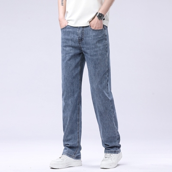Pantaloni din denim cu talie înaltă, croială dreaptă, elastici, țesătură ultra-moale