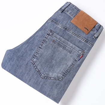 Pantaloni din denim cu talie înaltă, croială dreaptă, elastici, țesătură ultra-moale