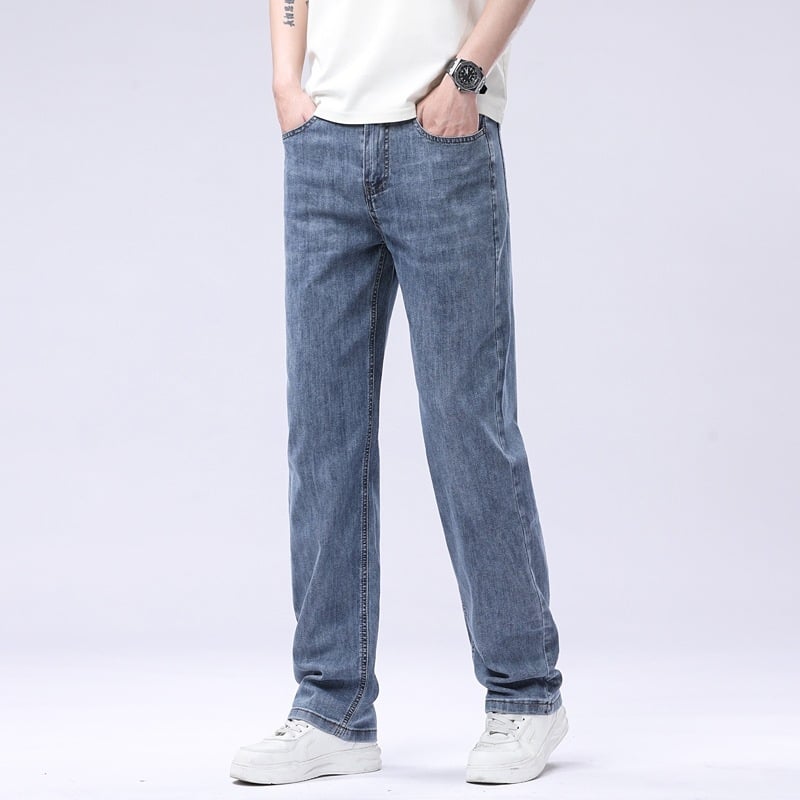 Pantaloni din denim cu talie înaltă, croială dreaptă, elastici, țesătură ultra-moale