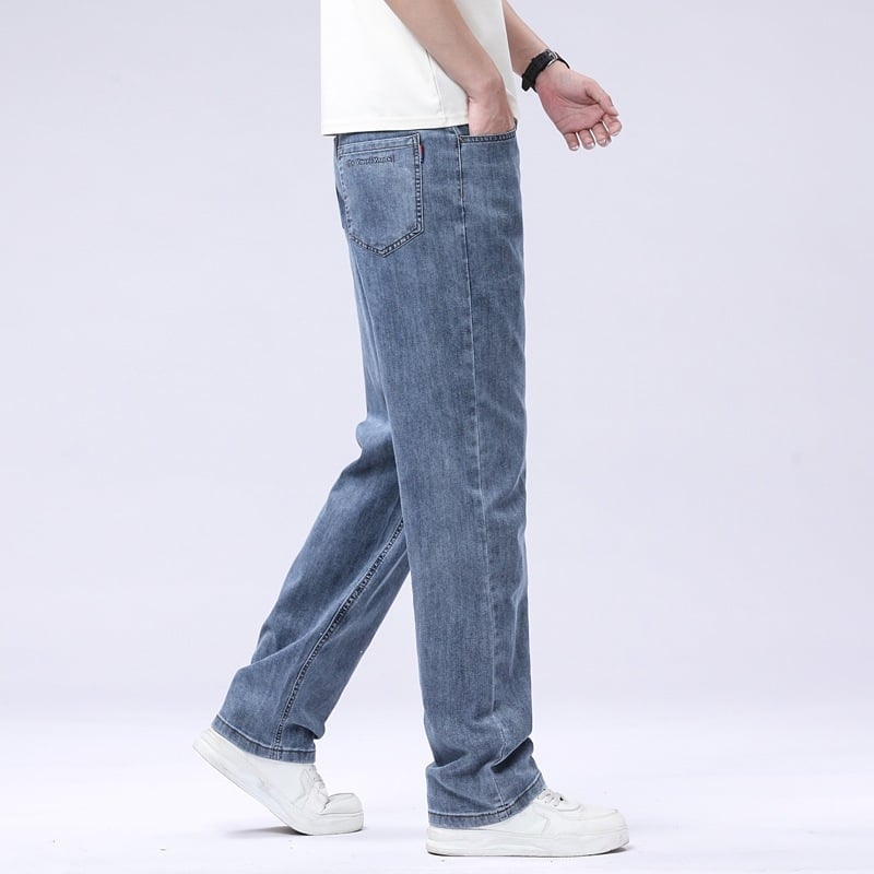 Pantaloni din denim cu talie înaltă, croială dreaptă, elastici, țesătură ultra-moale